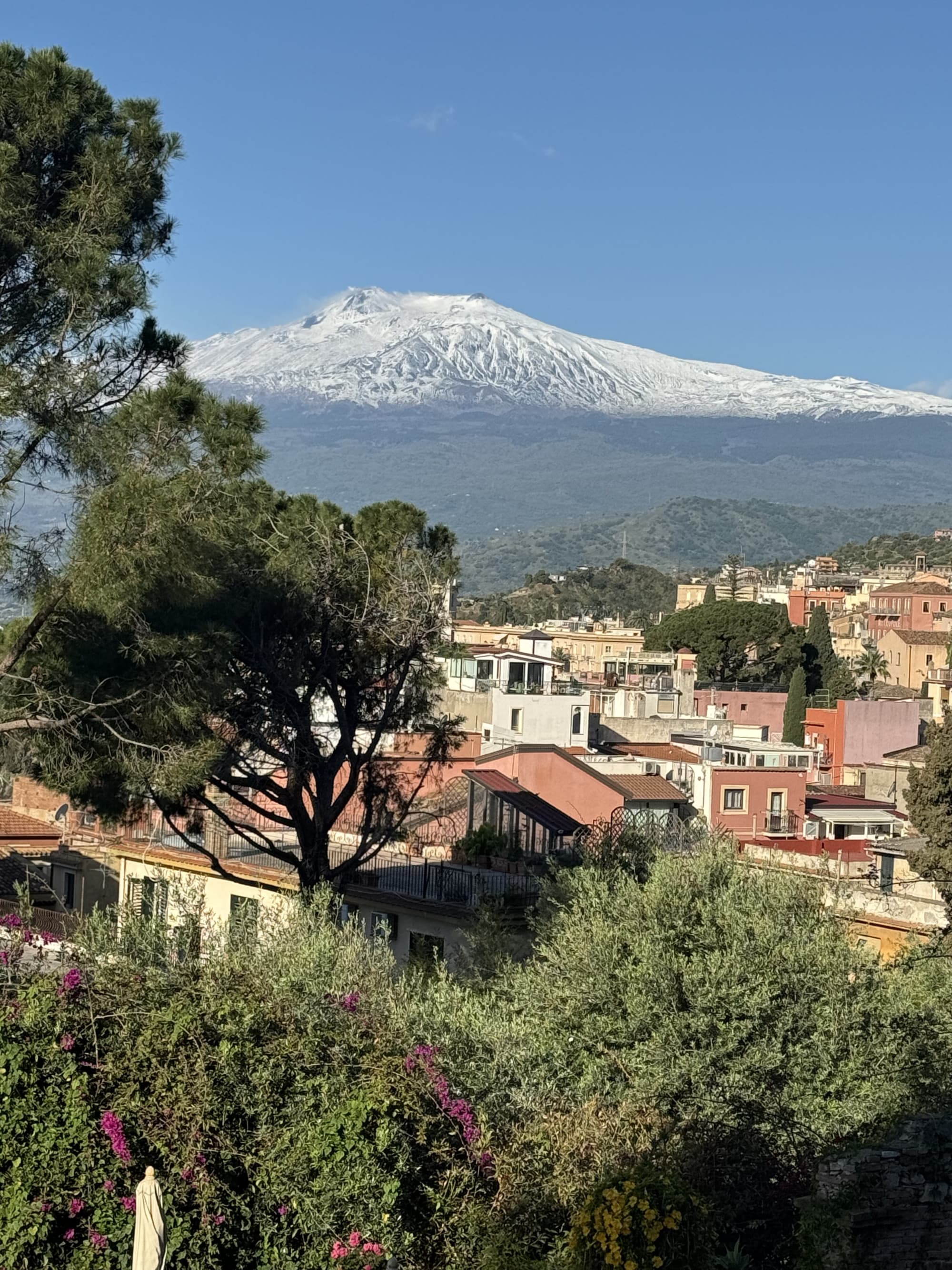 View of a town in Sicily with green trees and picturesque buildings and a snow-capped mountain in the background