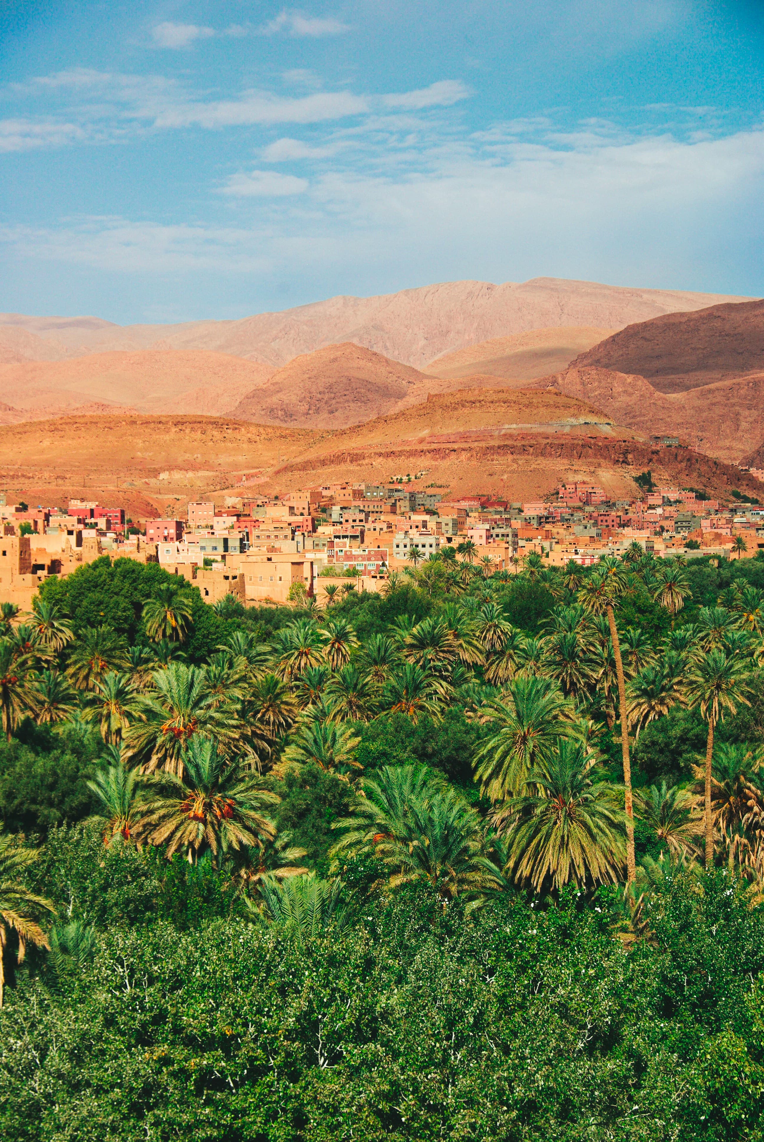 A view of a small village nestled between a lush, green, forest, and sand-colored mountains.