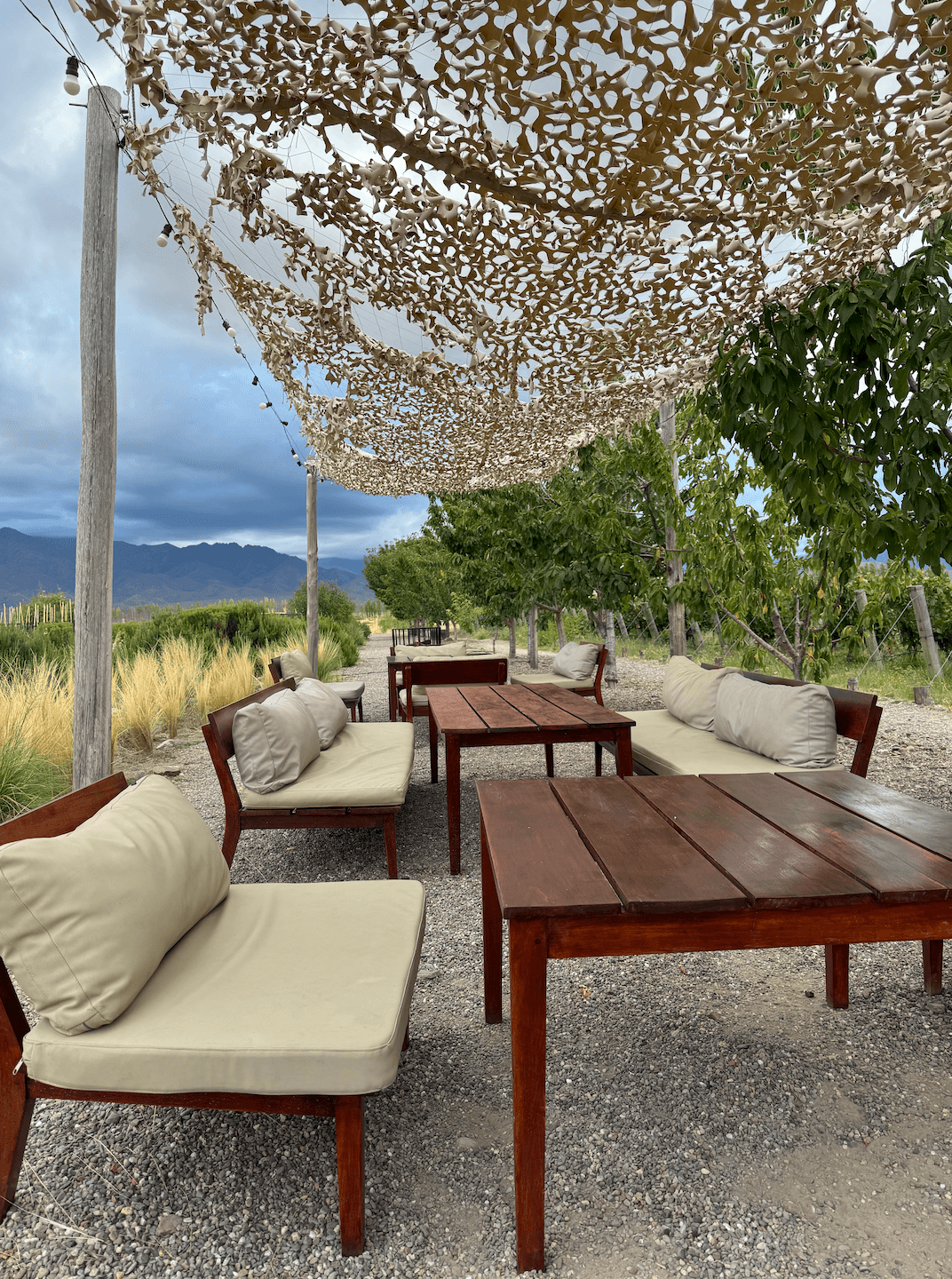 An outdoor patio with wooden tables, couches, chairs, a decorative leaf awning and a beautiful view of trees, wild grass and mountains in the distance.